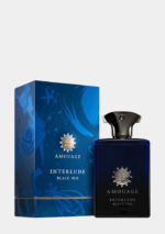 Amouage Interlude Black Iris 100mL bottle with blue glass and gold shield