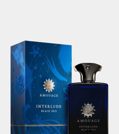 Amouage Interlude Black Iris 100mL bottle with blue glass and gold shield