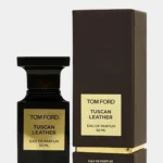 Tom Ford Tuscan Leather 50ml dark architectural bottle with gold nameplate