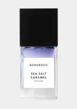 Minimalist 50mL bottle of Bohoboco Sea Salt Caramel Parfum featuring golden liquid.