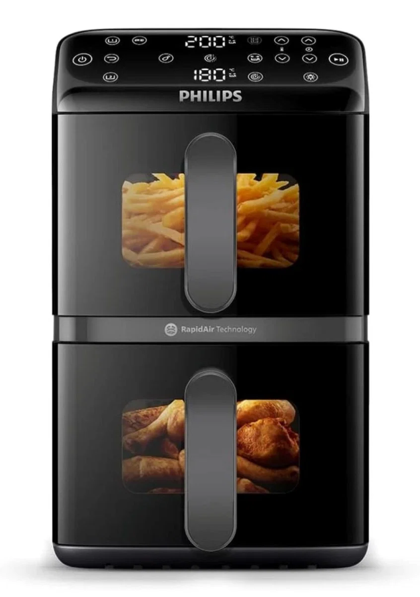 Philips dual stack air fryer with two vertical baskets and viewing windows
