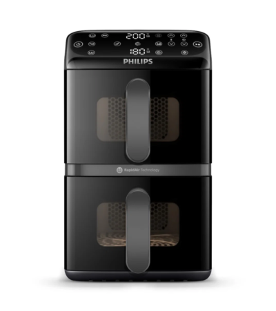Philips dual stack air fryer with two vertical baskets and viewing windows
