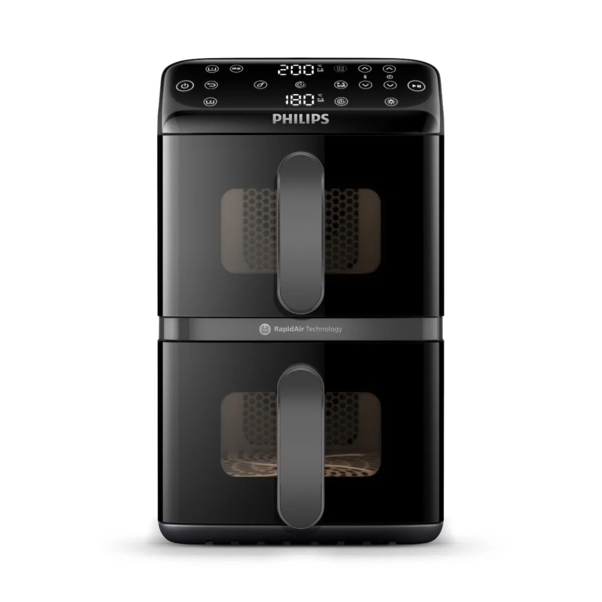 philips-dual-stack-air-fryer-10l-black-viewing-window Philips dual stack air fryer with two vertical baskets and viewing windows