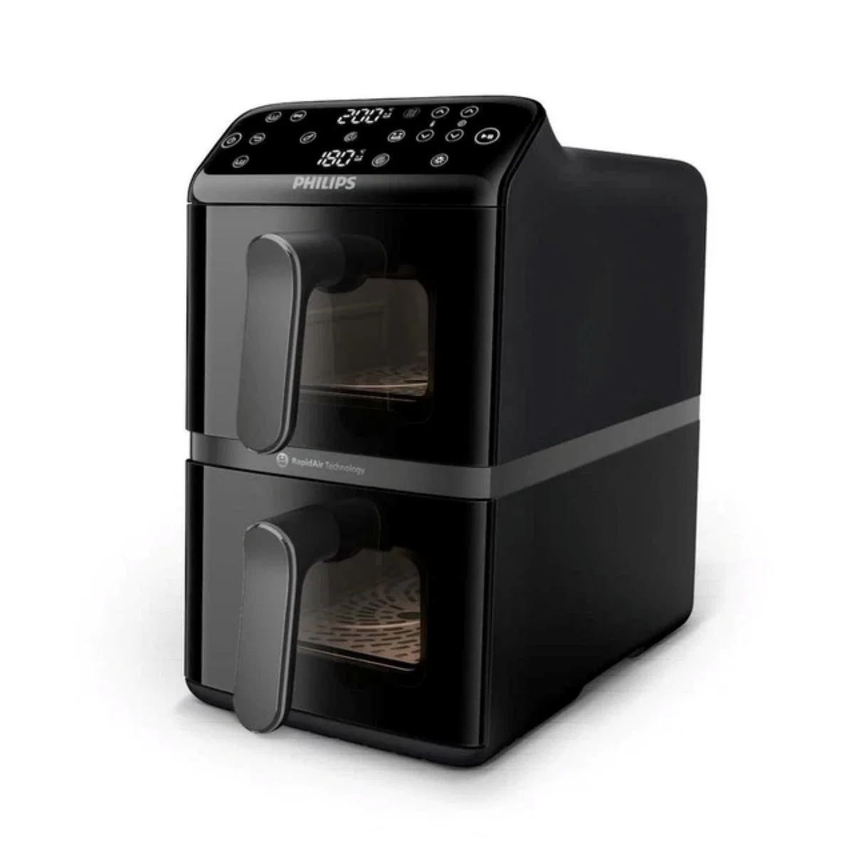 Philips dual stack air fryer with two vertical baskets and viewing windows