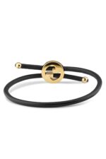 Gucci Interlocking G logo bracelet with black enamel and leather strap