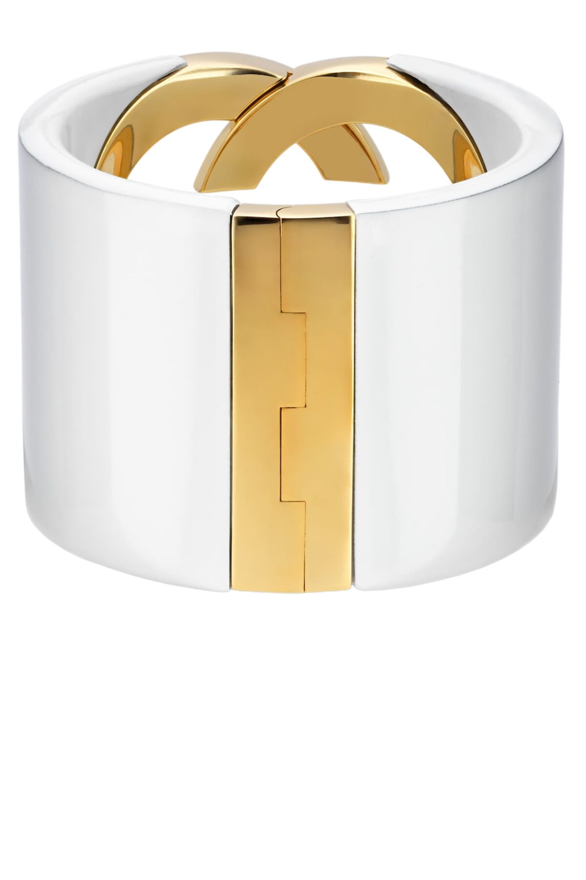 Front view of the Gucci Interlocking Cuff Bracelet featuring the white resin G motif.