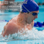 Swimmer wearing black bone conduction headphones with goggles in a pool