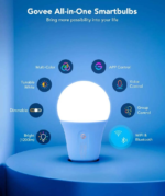 Govee smart Wi-Fi and Bluetooth color-changing light bulb showing various RGB colors