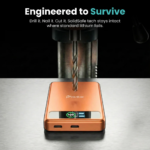 Vibrant orange BMX SolidSafe 10K magnetic power bank with built-in lanyard and LCD screen