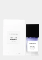 Minimalist 50mL bottle of Bohoboco Sea Salt Caramel Parfum featuring golden liquid.