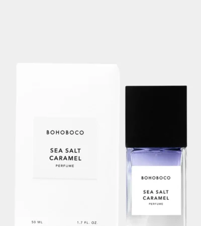 Minimalist 50mL bottle of Bohoboco Sea Salt Caramel Parfum featuring golden liquid.