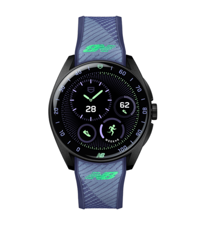 TAG Heuer Connected Calibre E5 New Balance special edition smartwatch with a black rubber strap.
