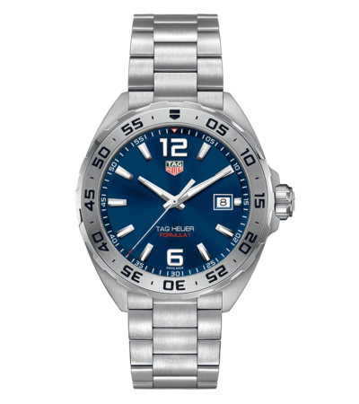 TAG Heuer Formula 1 WAZ1118.BA0875 men's watch with blue sunray dial and steel bracelet.