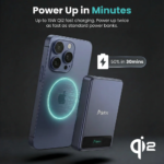 Deep blue BMX SolidSafe 10K power bank showing Qi2 magnetic ring and LCD display