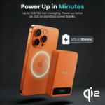 Vibrant orange BMX SolidSafe 10K magnetic power bank with built-in lanyard and LCD screen