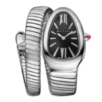 Bvlgari Serpenti Tubogas stainless steel watch with black dial and pink rubellite crown