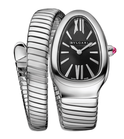 Bvlgari Serpenti Tubogas stainless steel watch with black dial and pink rubellite crown