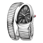 Bvlgari Serpenti Tubogas stainless steel watch with black dial and pink rubellite crown