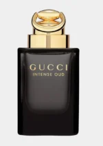 Gucci Intense Oud 90 ml black glass bottle with heavy gold cap and elegant gold lettering