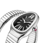 Bvlgari Serpenti Tubogas stainless steel watch with black dial and pink rubellite crown