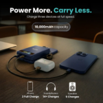 Deep blue BMX SolidSafe 10K power bank showing Qi2 magnetic ring and LCD display