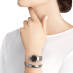 Bvlgari Serpenti Tubogas stainless steel watch with black dial and pink rubellite crown