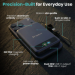 Deep blue BMX SolidSafe 10K power bank showing Qi2 magnetic ring and LCD display