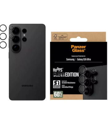 Clear PanzerGlass Hoops camera lens protectors applied to a Samsung Galaxy S26 Ultra. Transparent