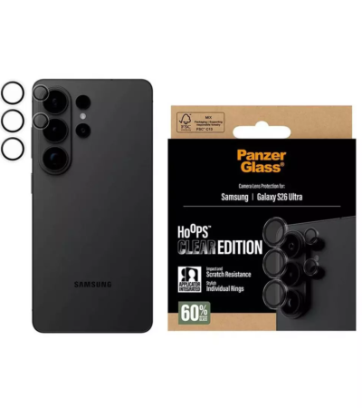 Clear PanzerGlass Hoops camera lens protectors applied to a Samsung Galaxy S26 Ultra. Transparent