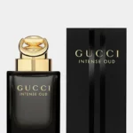 Gucci Intense Oud 90 ml black glass bottle with heavy gold cap and elegant gold lettering
