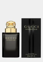 Gucci Intense Oud 90 ml black glass bottle with heavy gold cap and elegant gold lettering