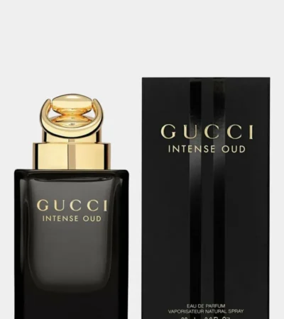 Gucci Intense Oud 90 ml black glass bottle with heavy gold cap and elegant gold lettering