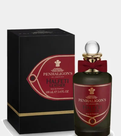 Penhaligon's Halfeti Leather 100ml bottle with classic ribbon and dark, mysterious label design