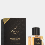 Vertus Paris Amber Elixir 100ML bottle with gold accents and dark liquid