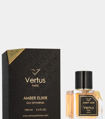 Vertus Paris Amber Elixir 100ML bottle with gold accents and dark liquid
