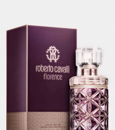 Faceted purple and gold glass bottle of Roberto Cavalli Florence Eau de Parfum 75ml for women.