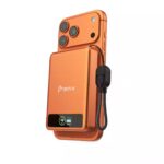 Vibrant orange BMX SolidSafe 10K magnetic power bank with built-in lanyard and LCD screen