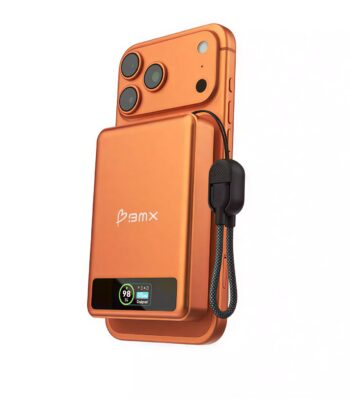 Vibrant orange BMX SolidSafe 10K magnetic power bank with built-in lanyard and LCD screen