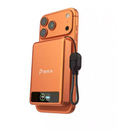 Vibrant orange BMX SolidSafe 10K magnetic power bank with built-in lanyard and LCD screen
