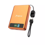 Vibrant orange BMX SolidSafe 10K magnetic power bank with built-in lanyard and LCD screen