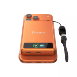 Vibrant orange BMX SolidSafe 10K magnetic power bank with built-in lanyard and LCD screen