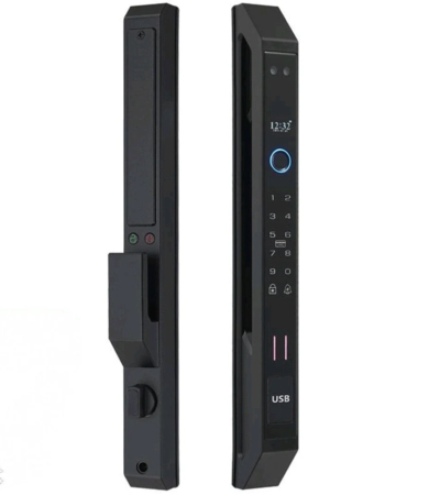 Smart Lock S99 with face recognition and fingerprint scanner on a wooden door