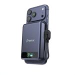 Deep blue BMX SolidSafe 10K power bank showing Qi2 magnetic ring and LCD display