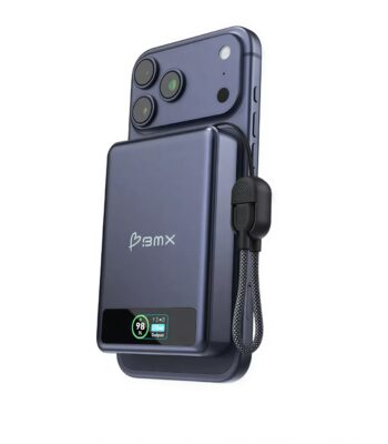 Deep blue BMX SolidSafe 10K power bank showing Qi2 magnetic ring and LCD display