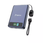 Deep blue BMX SolidSafe 10K power bank showing Qi2 magnetic ring and LCD display