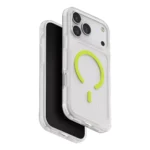 Uniq transparent hybrid case for iPhone 17 Pro Max featuring reinforced corners and a raised camera bezel.
