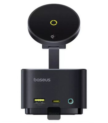 Baseus MagPro II 7-in-1 hub showing magnetic iPhone charging and rear ports.