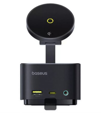 Baseus MagPro II 7-in-1 hub showing magnetic iPhone charging and rear ports.