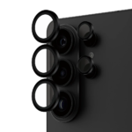 Individual PanzerGlass Hoops camera lens protectors installed on a black Samsung Galaxy S26 Ultra.