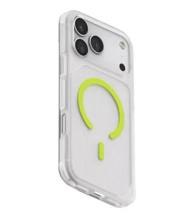 Uniq transparent hybrid case for iPhone 17 Pro Max featuring reinforced corners and a raised camera bezel.